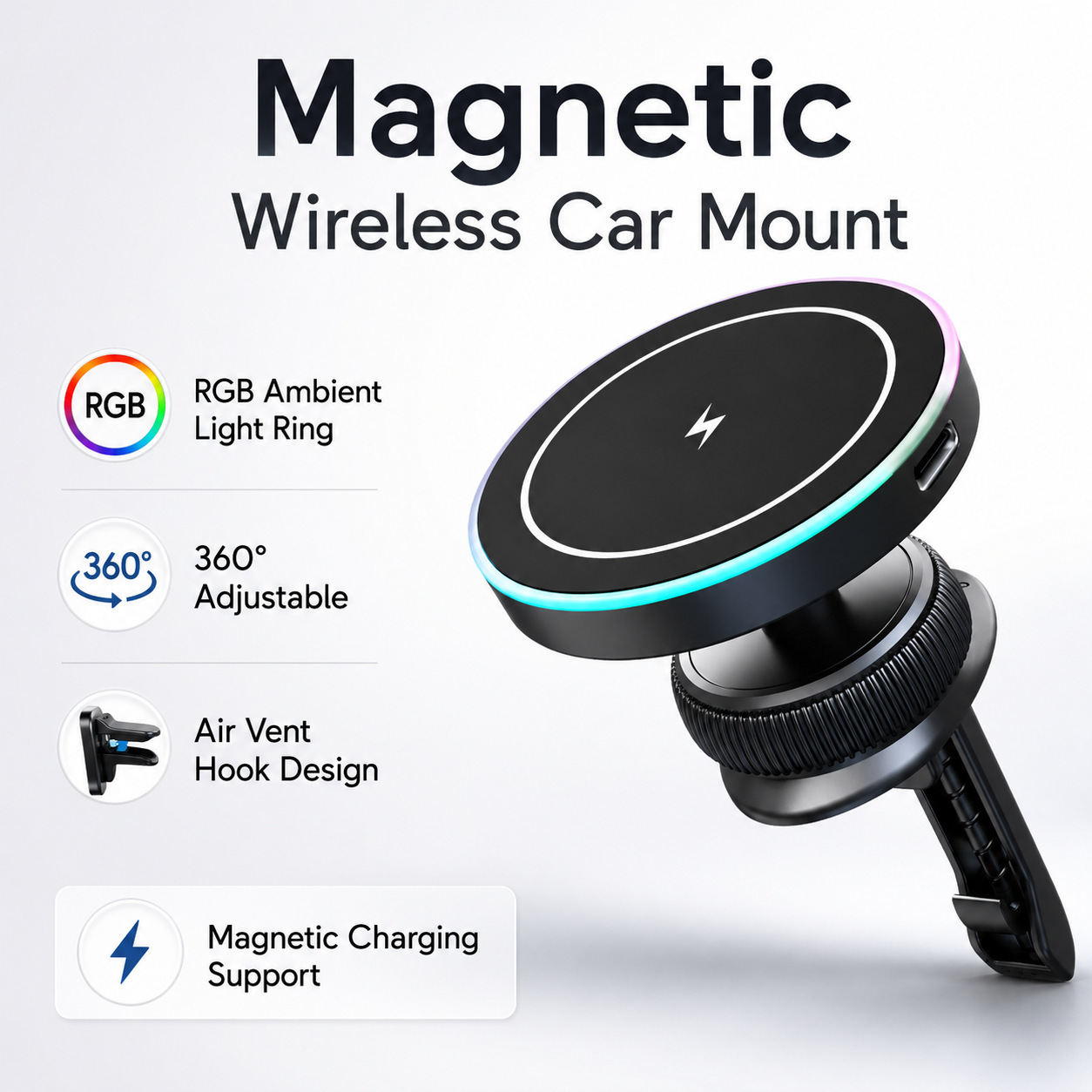 Qi2 Protocol Car Wireless Charger 25W Air Cooling with Ambient Light Vent Outlet Car Wireless Charger