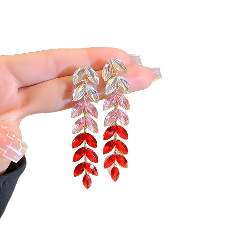Gradient rhinestone leaf necklace earrings long tassel ear drop niche commuting new