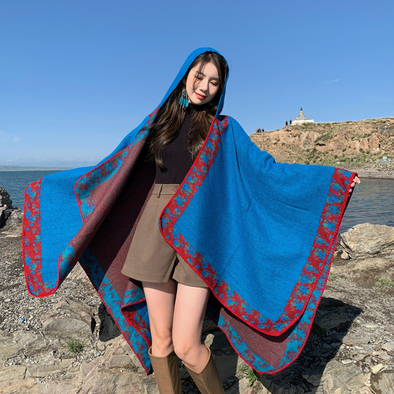 Xinjiang Tibet Travel Photo Ethnic Style Shawl Grassland Hooded Scarf Cape Yunnan Outer Cardigan Cape Women