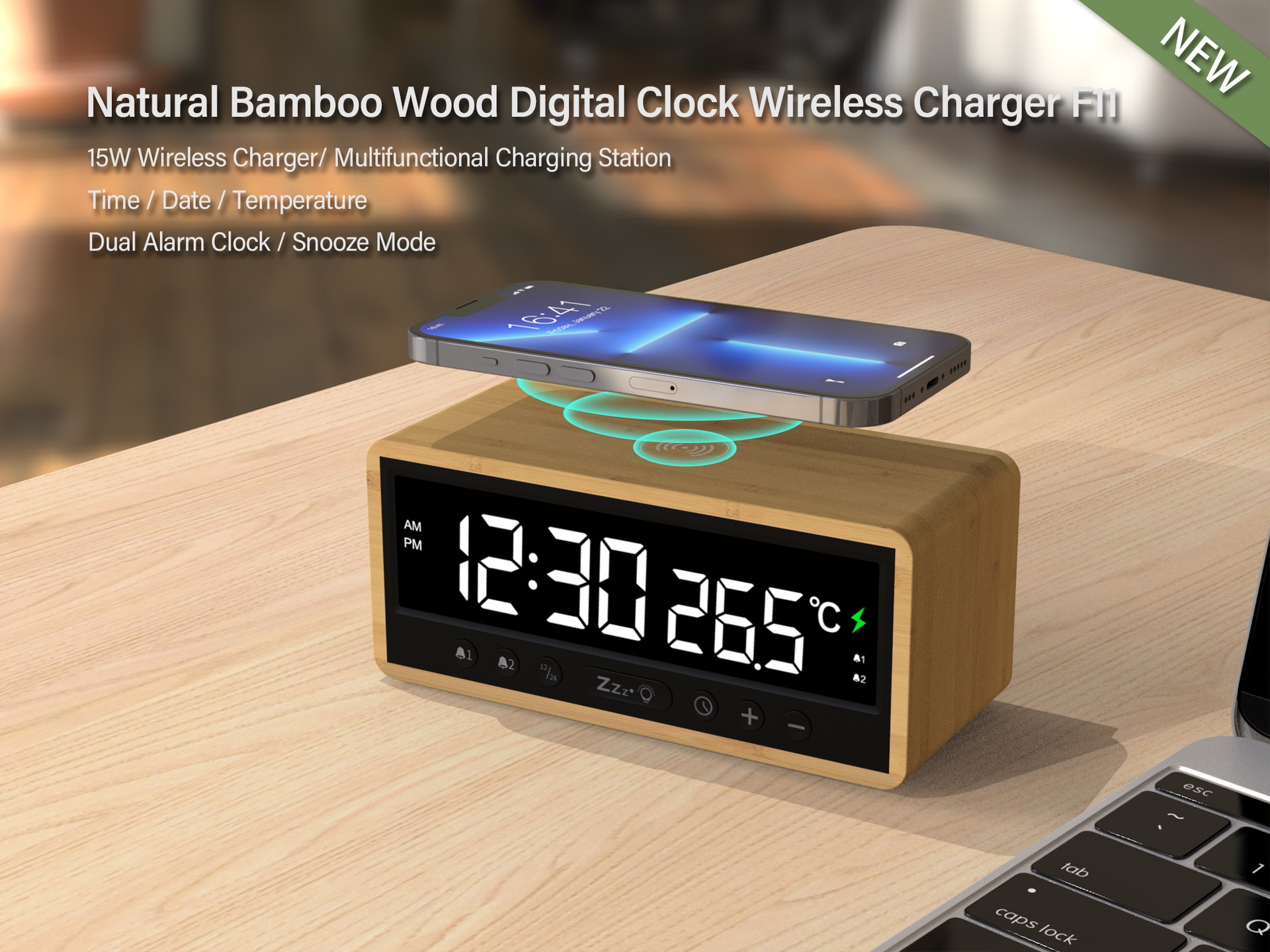2024 New 3-in-1 15W Wireless Charger with Clock Alarm Temperature Display Wireless Charger