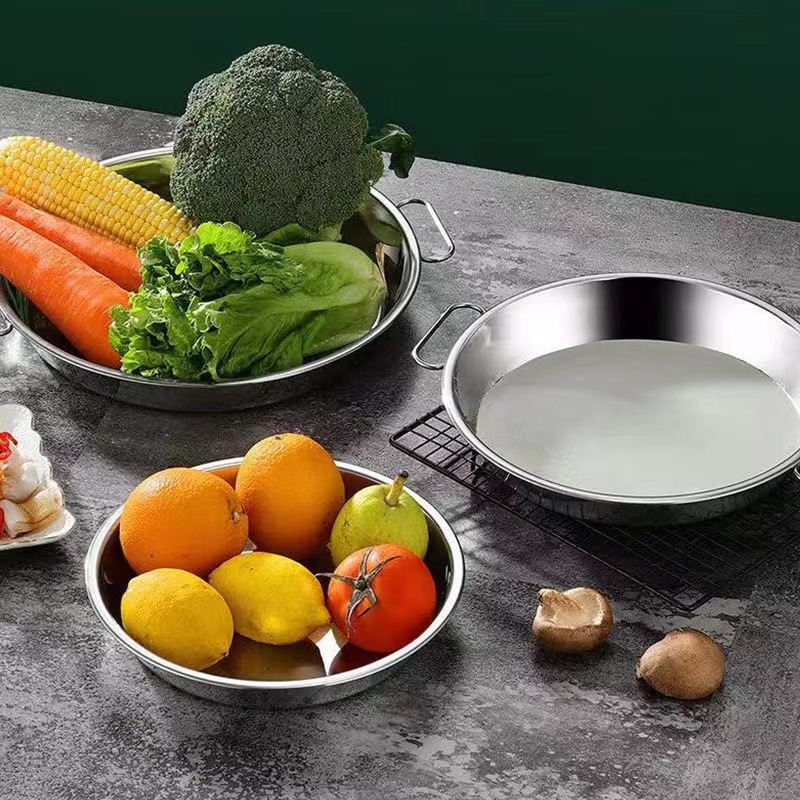 Thickened stainless steel cake plate with ears round plate household cold noodle pan flat bottom pan steam rice noodle multi-specification steaming tray
