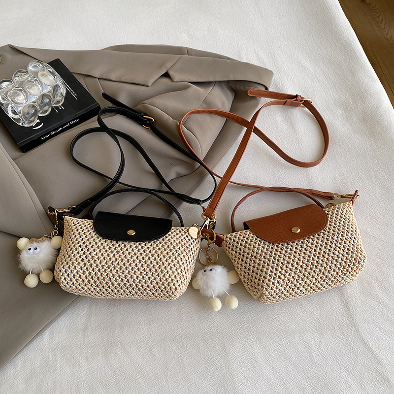 Summer Woven Bag with Lid, Patchwork Mini Straw Bag, Beach Vacation Pom-Pom Shoulder Bag