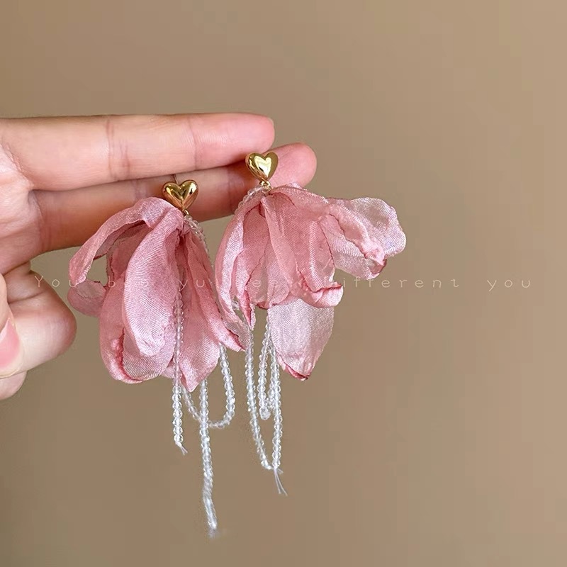 Burning Rose exaggerated wine red tassel earrings earrings flower ear studs