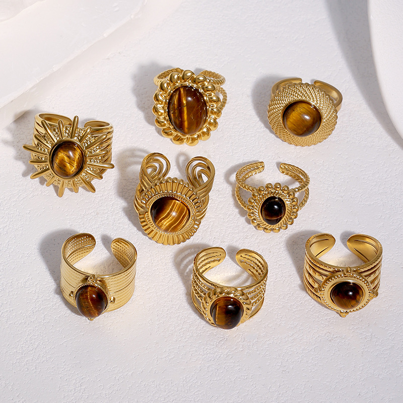 Titanium steel open ring 18k gold stainless steel tiger eye stone hand jewelry