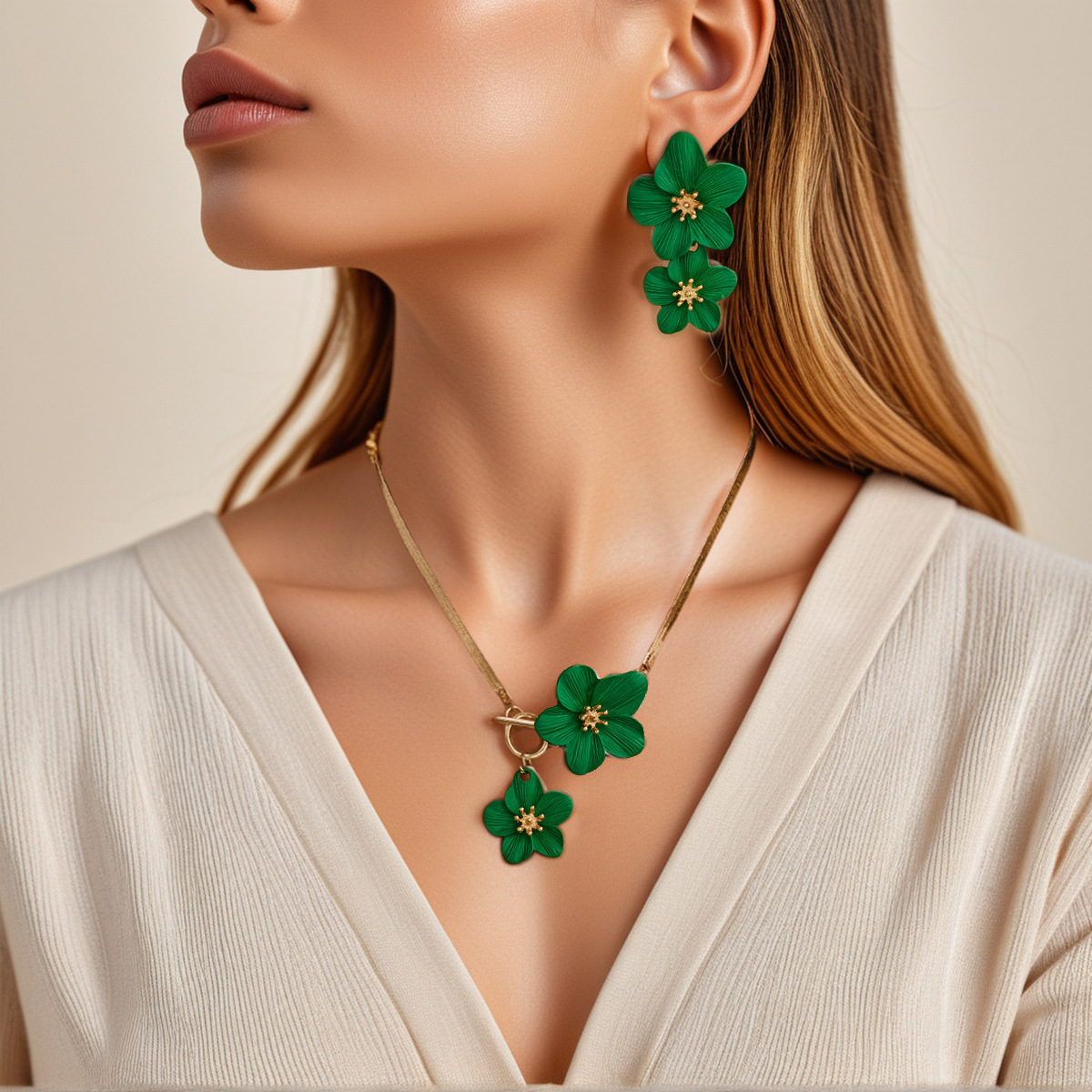 Bohemian Style Double Flower Earring Necklace Set Fresh Baked Paint Flower Jewelry Accessories