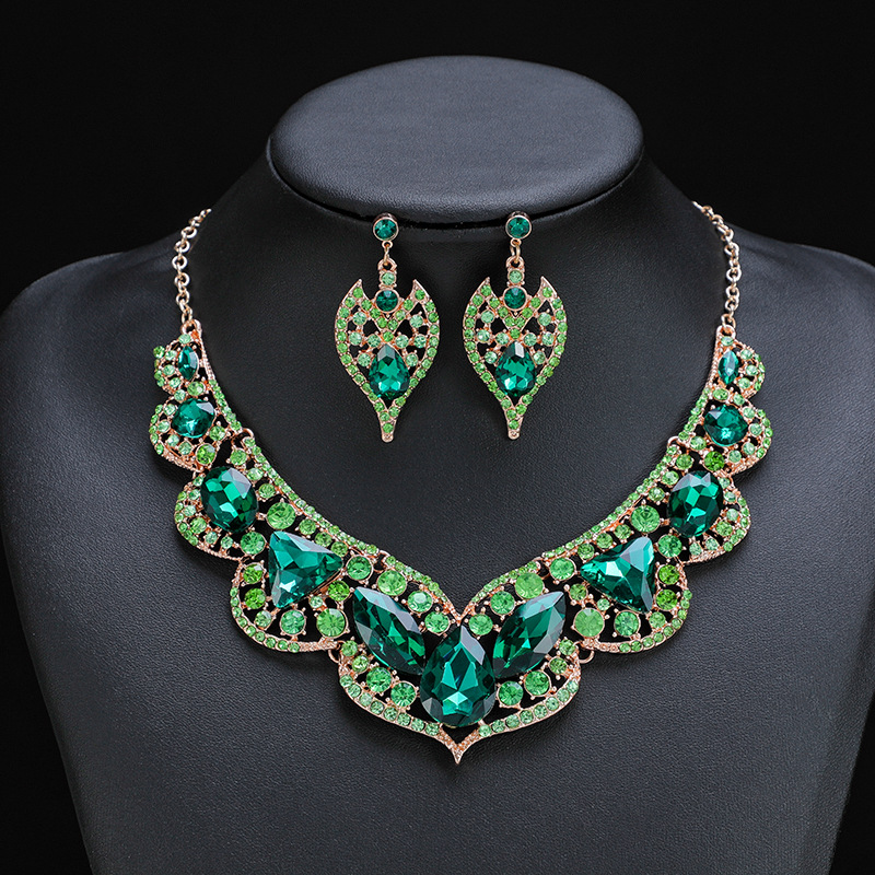 Exaggerated Bride Accessories Necklace Earring Set Wedding Dress Banquet Artificial Gemstone