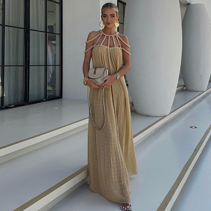 2024 New Spring Women Long Dress Tie Strap Off Shoulder Sexy Halter Loose Vacation Beach Dress