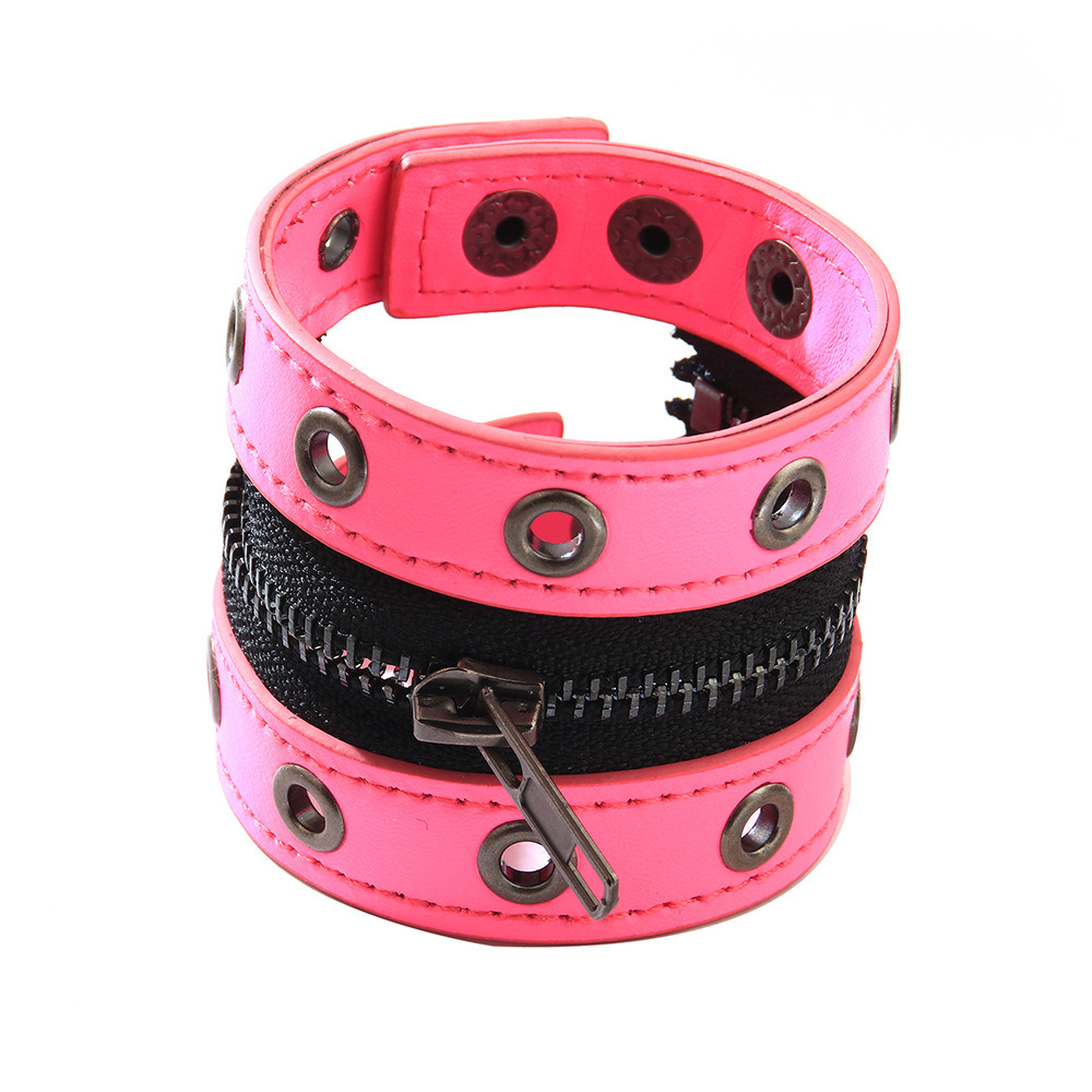 New Rivet Chain Punk Accessories Cowhide Bracelet Women Round Hole Center Zipper Wide Leather Wristband