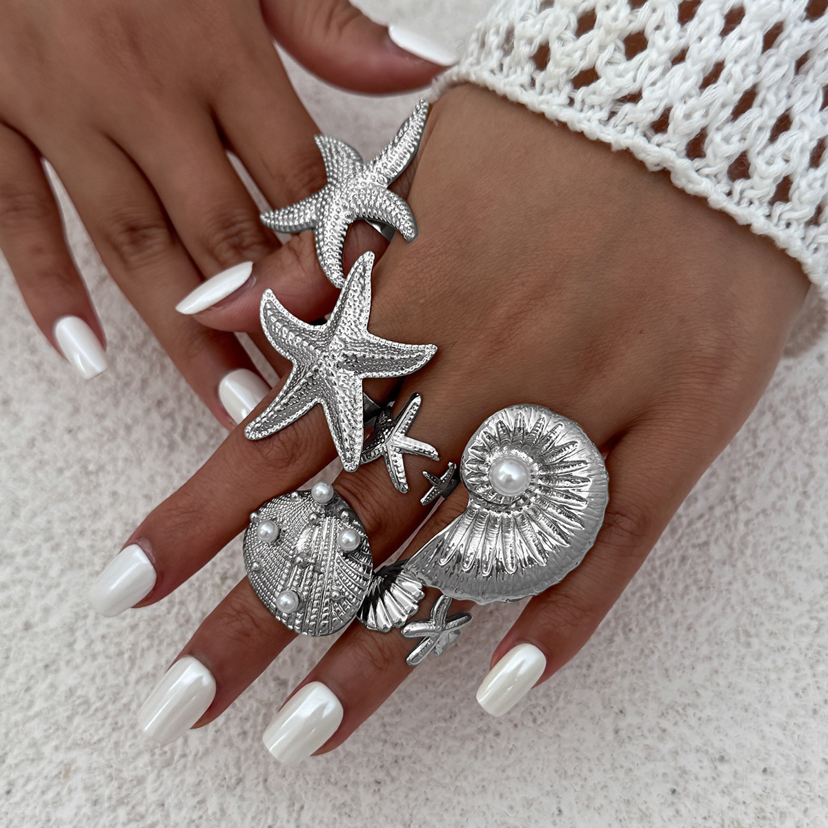 Starfish Shell Open Ring Set Women Ocean Style 6-Piece Set Pearl Adjustable Ring