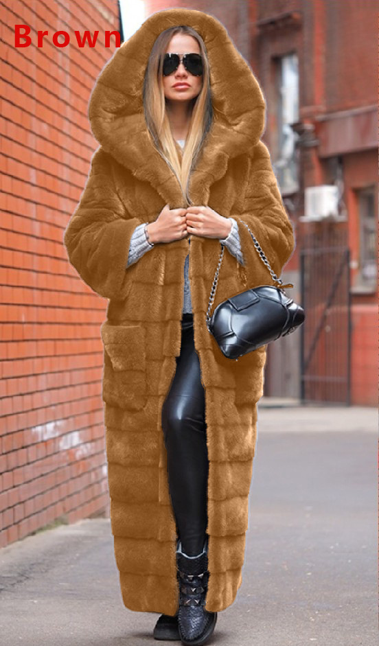 New autumn fashion faux fur jacket hooded cotton-padded jacket thickened and lengthened plush women's coat trench coat eco-friendly fur
