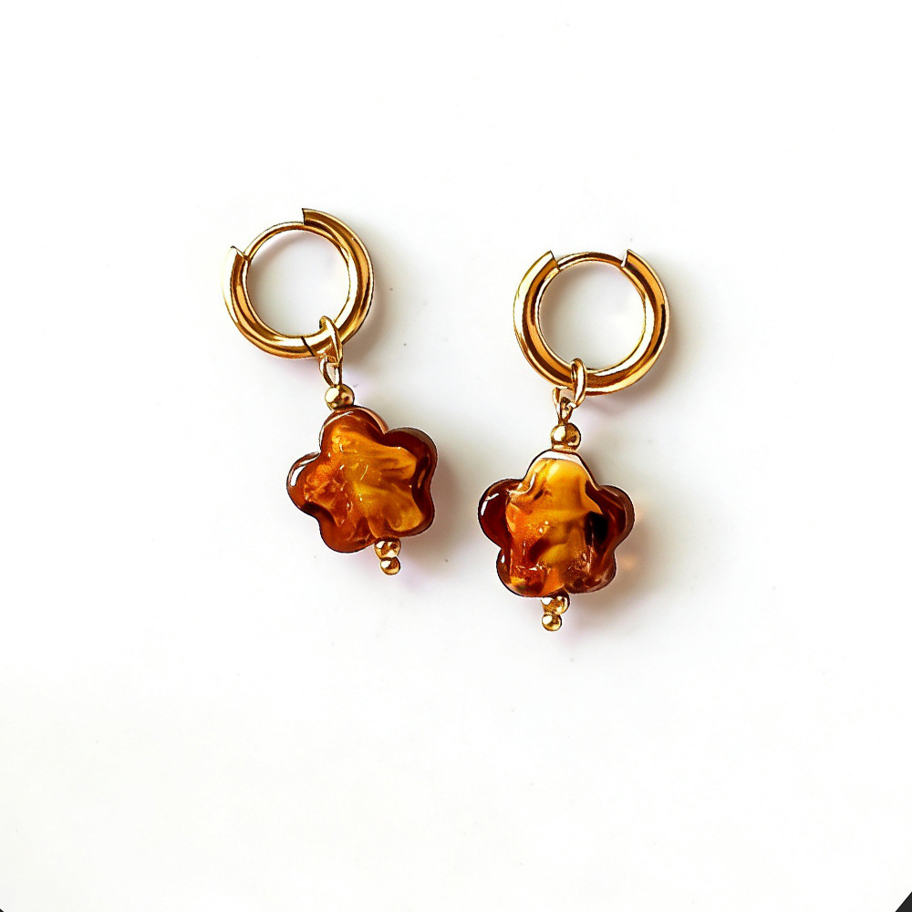 Leopard-Print Glass Heart-Shaped Flower Pendant Earrings—Stainless Steel Charms