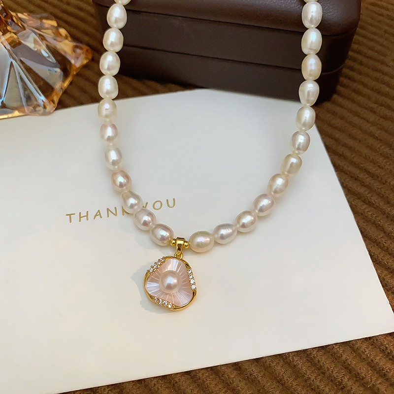 5mm natural freshwater pearl necklace for women with lotus leaf pendant, collarbone chain, neck chain