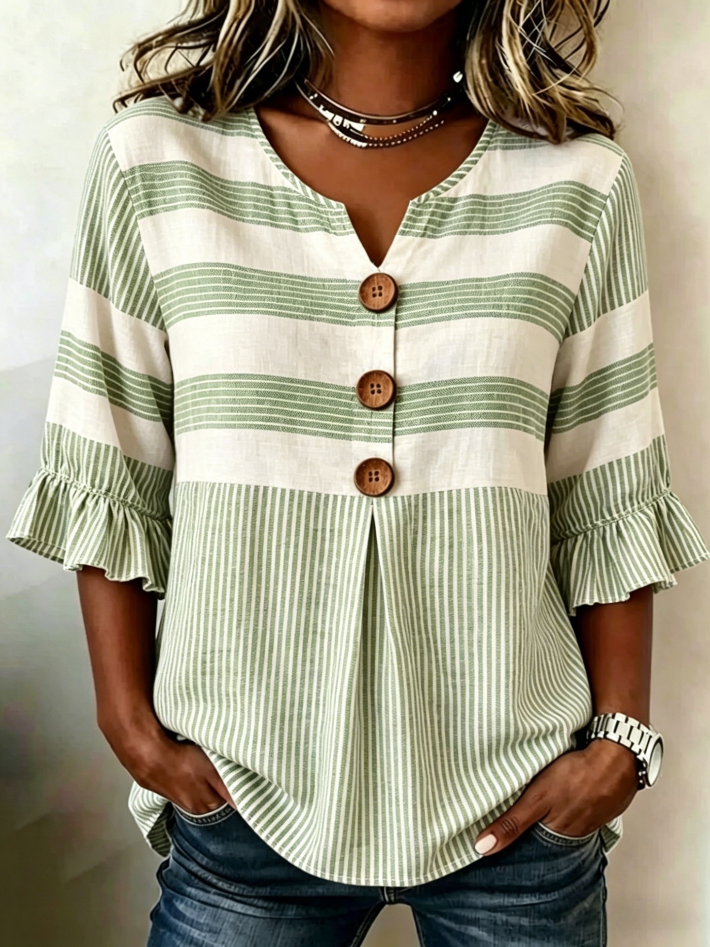 2026 Independent Station Summer New Plaid Striped Print Half Sleeve Button Top