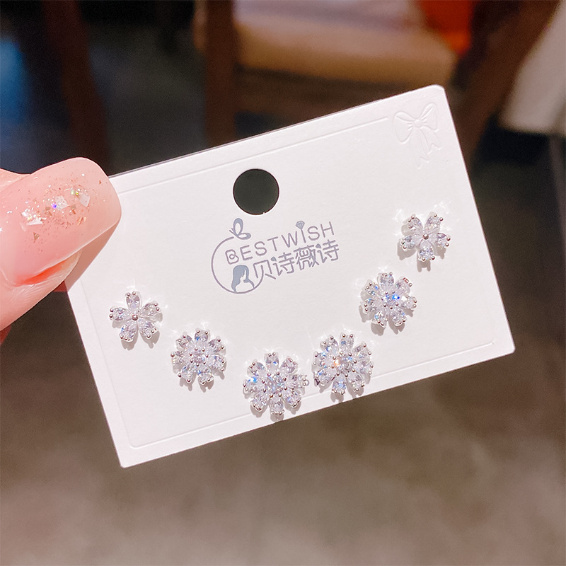 2026 new exquisite fire flower zircon small earrings three pairs, women's silver needle earring accessories set
