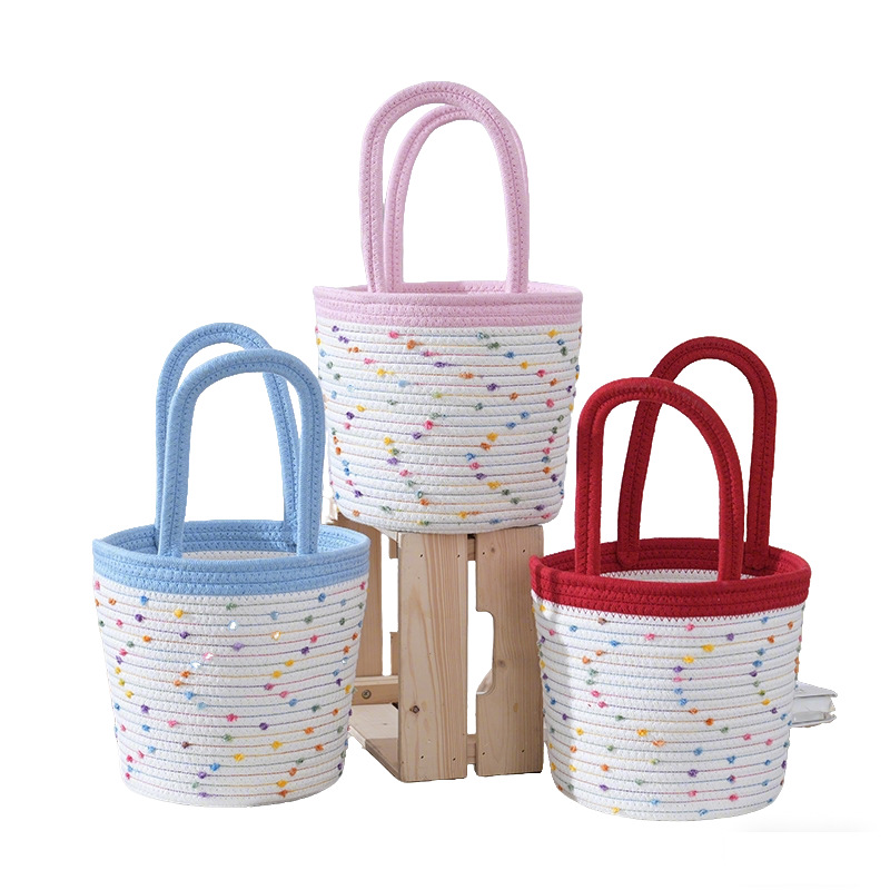 Dopamine Colorful Polka Dot Cotton Rope Woven Hand Basket Large Capacity Handheld Gift Woven Bag Picnic Storage Basket