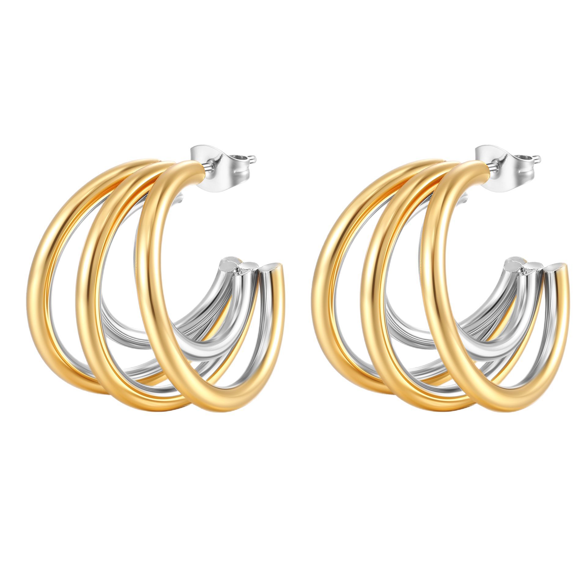 Stainless steel earrings for women, plated 18K two-tone ear clips, multi-layer ear accessories
