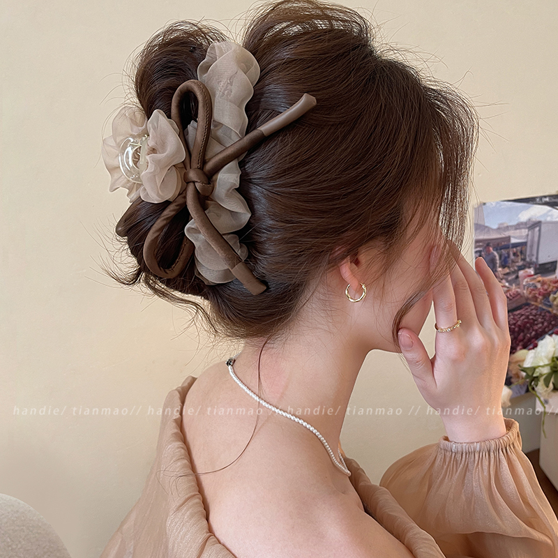 Mesh bow claw clip for women 2026 new hair clip for thick hair back of head shark clip summer hair accessory