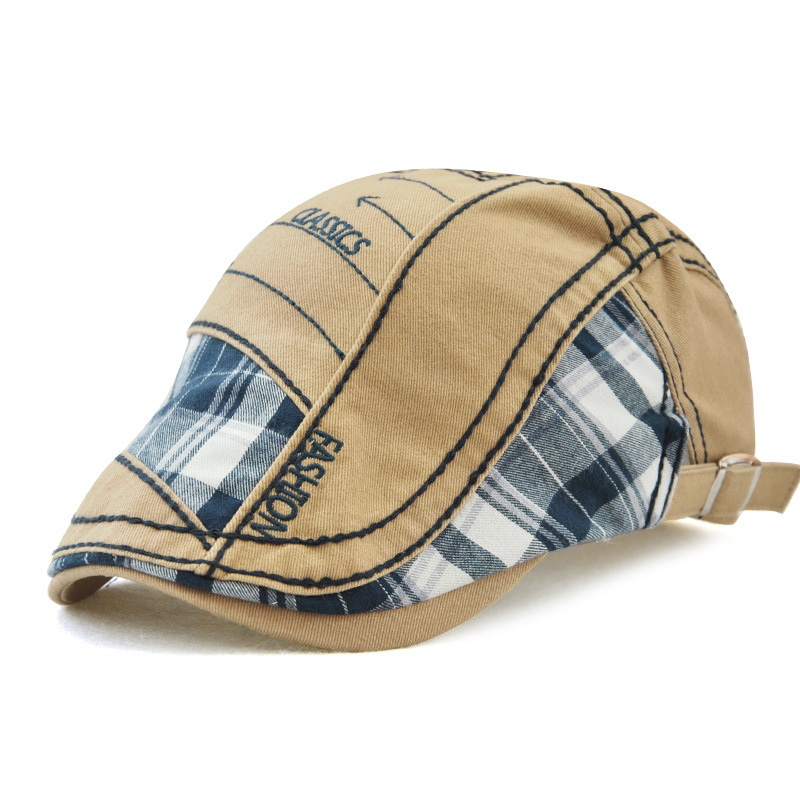Cap with plaid patchwork and parallel arrow embroidery, new outdoor sun hat