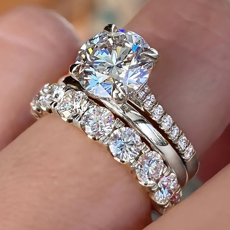 Cao Shi Three-Piece Ring Set with Zircon Elegant Diamond Ring for Wedding Party Matching Rings