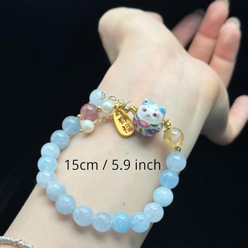 New New Chinese Style Ceramic Maneki Neko Bracelet Blue Jade Beaded Bracelet Cartoon Cute Jewelry