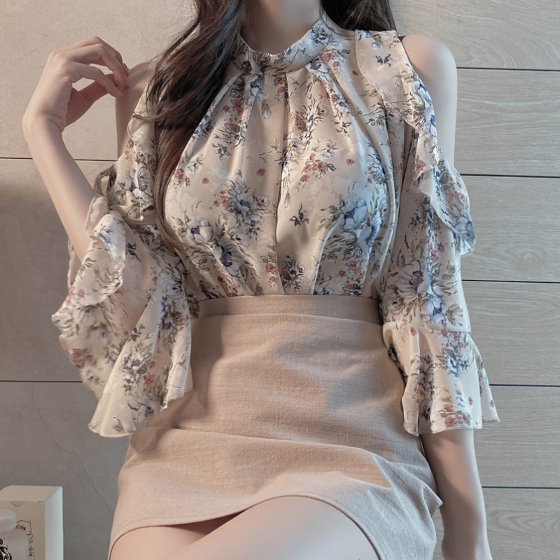 Floral Chiffon Blouse Summer Off Shoulder Top Sweet Shirt Women