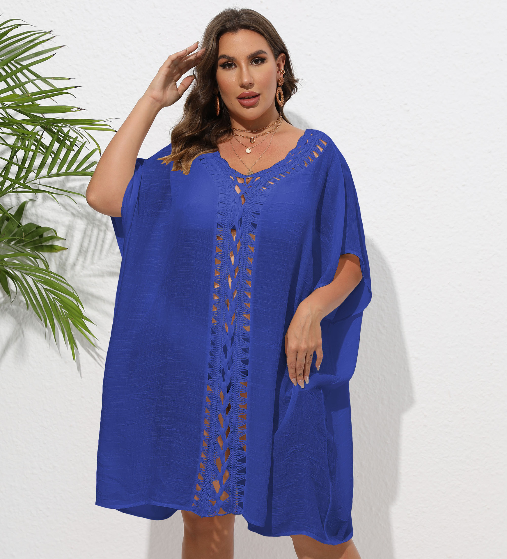 Women's Dress Plus Size Hand-Crocheted Lace-Up Loose Beach Bikini Outer Cover-Up