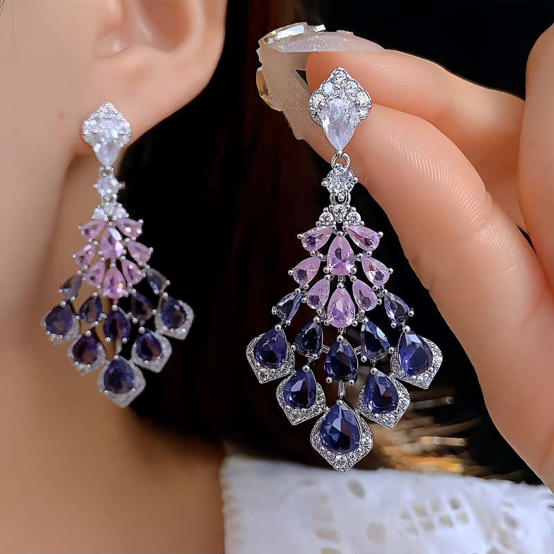 Waterdrop full rhinestone earrings women six-color long tassel ear drop new exquisite ear studs ear accessories