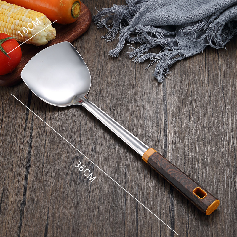 Stainless steel thickened wok spatula soup spoon home kitchen chef cooking anti-scald wok spatula wood grain handle set