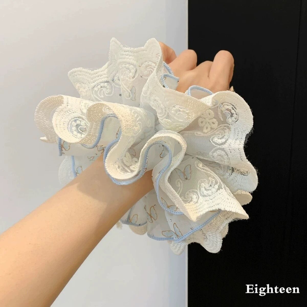 Blue butterfly lace double layer large hair scrunchie for women ponytail bun hair tie head accessory head flower