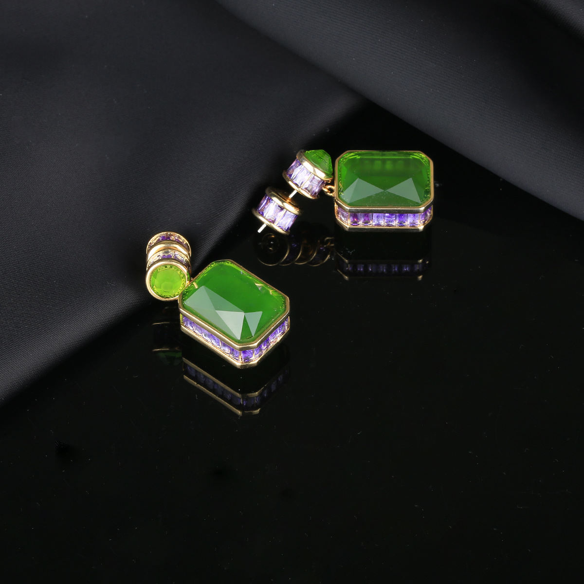 Long gemstone inlaid zircon earrings ear accessories Chinese style three-dimensional geometric earrings