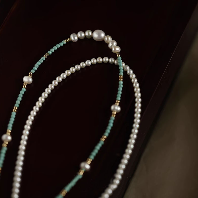 Natural freshwater pearl turquoise bead necklace for women, summer niche collarbone neck chain accessory