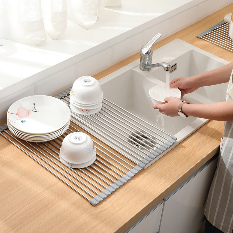304 Stainless Steel Drain Roller Kitchen Sink Dish Drying Rack Foldable Drain Rack Anti-mold Silicone Shelf