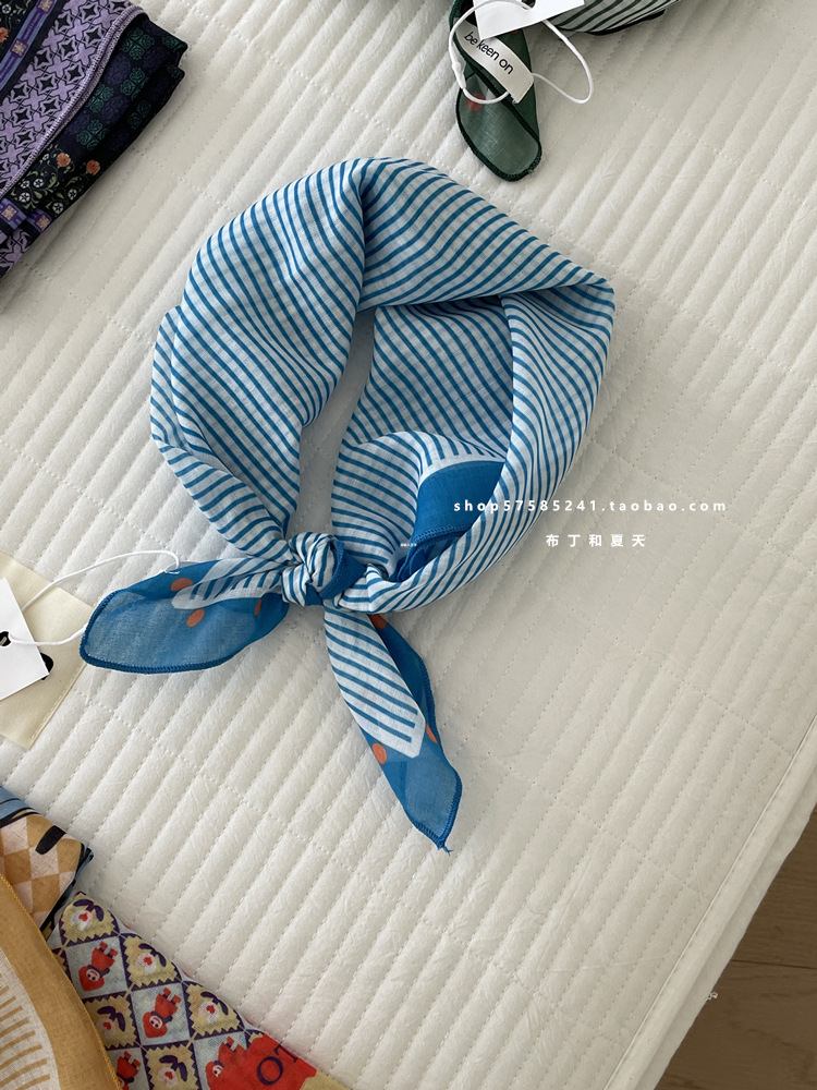 Skin-friendly soft cotton-linen breathable neck-protecting small square scarf, polka dot paisley headscarf, export Korean order neck scarf for women