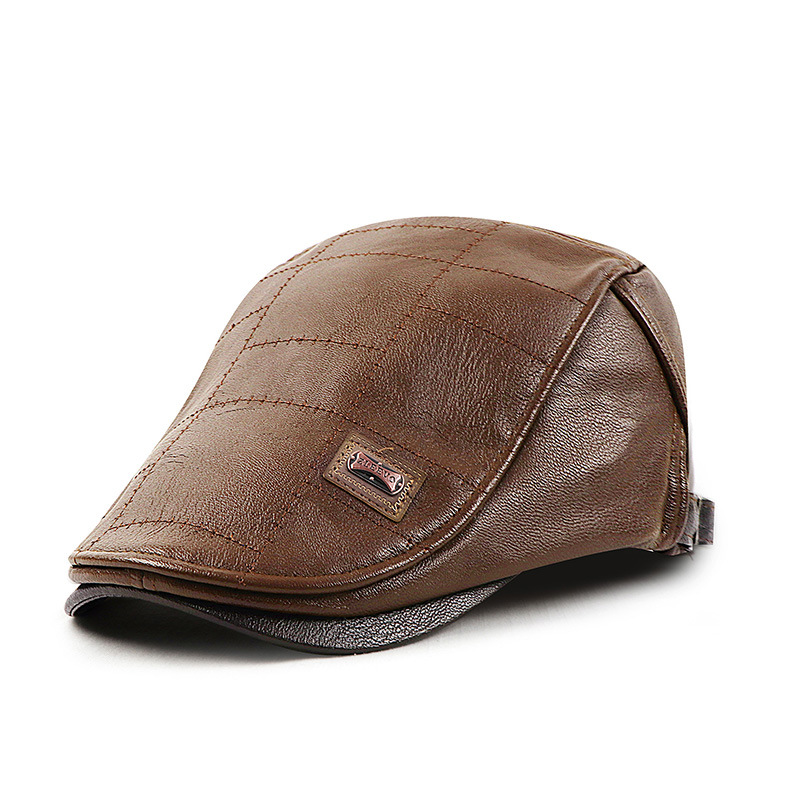 2020 new PU leather cap for middle-aged and elderly, fleece-lined outdoor warm cap, fleece-lined forward beret