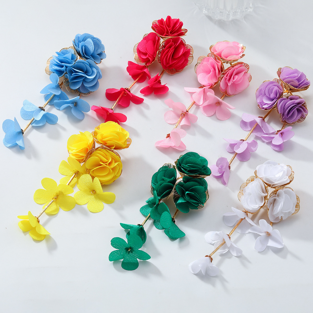 Chiffon flower multi-layer earrings summer beach vacation style drop earrings exaggerated ear accessories niche