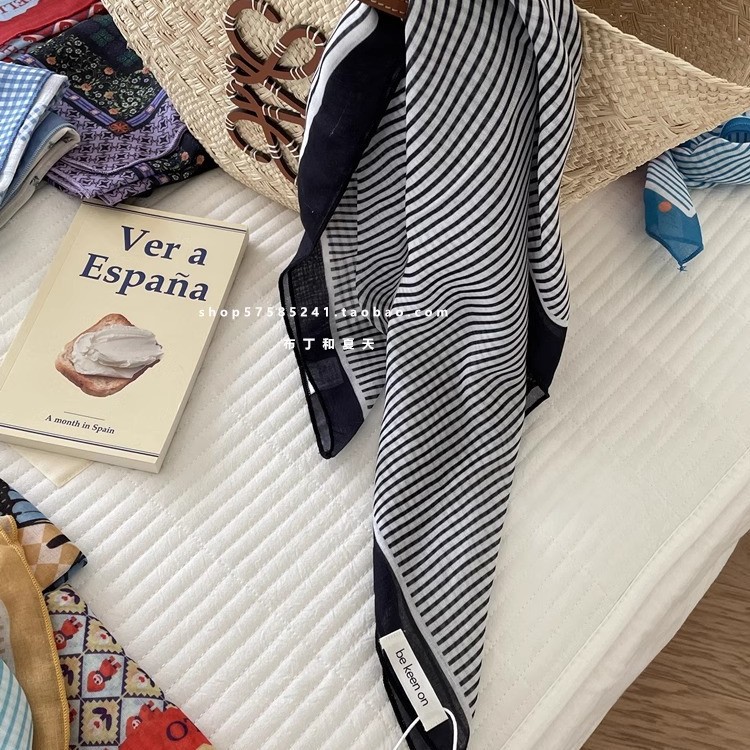 Skin-friendly soft cotton-linen breathable neck-protecting small square scarf, polka dot paisley headscarf, export Korean order neck scarf for women