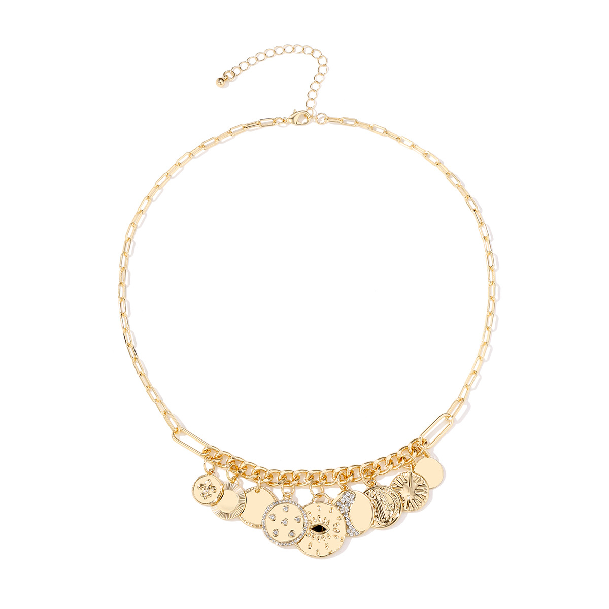 Kenjie mysticism coin rhinestone embossed small pendant bib necklace for women neck accessory
