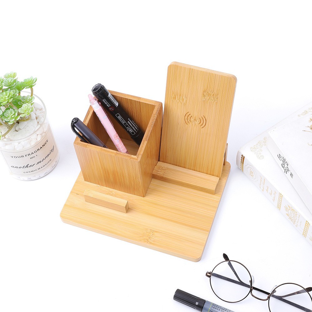 Bamboo Wood Desktop Storage Stand Simple Multifunctional Pen Holder Pure Bamboo Wireless Charging Desktop Office Decoration Gift