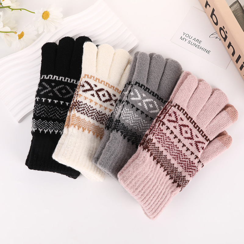 Knitted Jacquard Touch Screen Warm Gloves Women Autumn Winter Men Outdoor Fleece-Lined Thick Anti-Cold Full-Finger Knitted Gloves