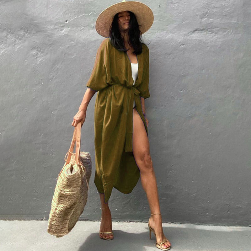 New Dense Rayon Sun Protection Cardigan Bikini Cover Up Swimsuit Outer Sun Protection Seaside Vacation Dress Women