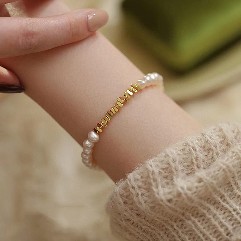 Natural Freshwater Pearl Bracelet Stackable New Women Double Layer Small Gold Bead Bracelet Summer