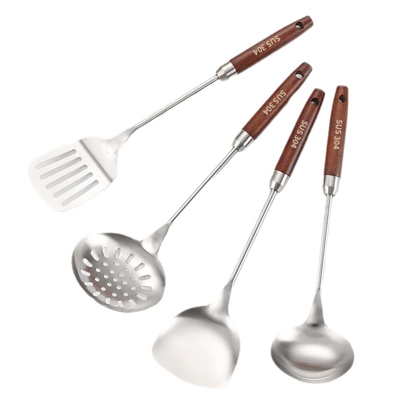 304 stainless steel spatula kitchenware set, wooden handle wok spatula, soup spoon, slotted spoon, kitchen tools