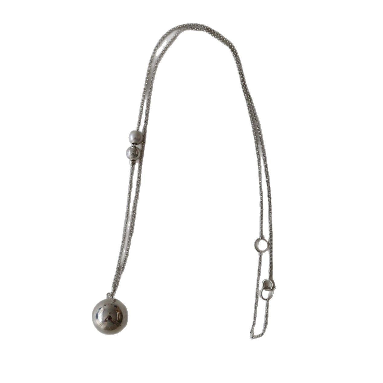 Small silver ball pendant long necklace for women, copper plated silver, simple sweater chain