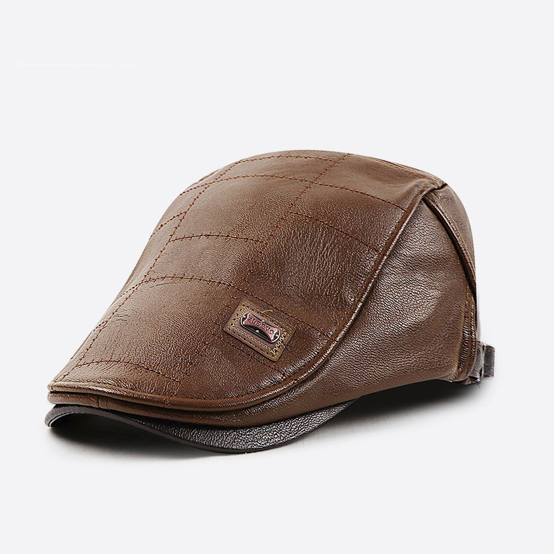 2020 new PU leather cap for middle-aged and elderly, fleece-lined outdoor warm cap, fleece-lined forward beret
