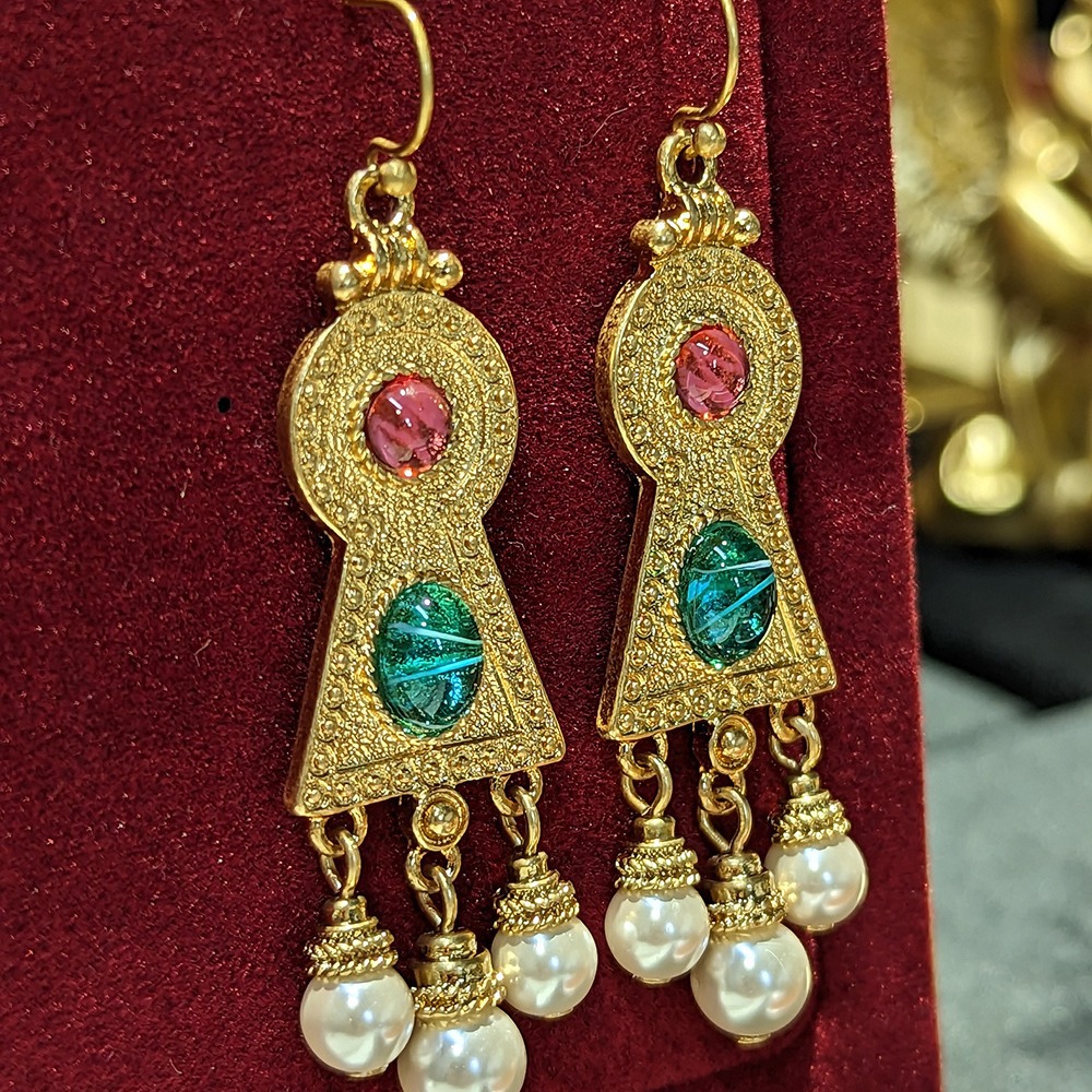 Western Vintage High Quality Brass Gold Plated Glass Palace Style Earrings