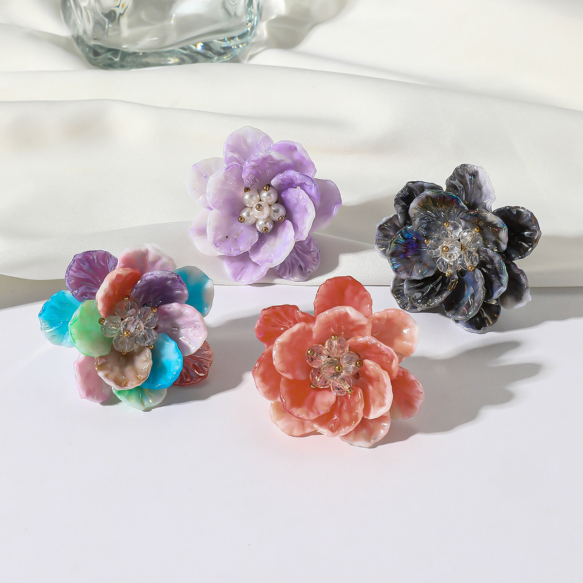 High-quality fresh and sweet colorful resin petal flower dopamine adjustable ring