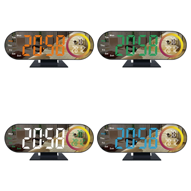 Desktop Color Screen Fantasy LED Digital Display Desktop Mirror Electronic Night Light Color Changing Living Room Silent Clock with Temperature