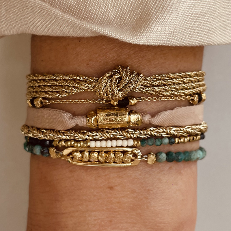 Multi-material layered bracelet ribbon bead metal chain combination hand accessory