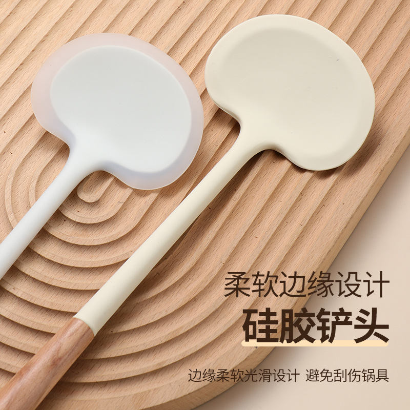 Wooden handle silicone spatula and spoon set, household kitchen tool, Chinese spatula, non-stick pan spatula, soup spoon, cooking high temperature resistant stir-fry