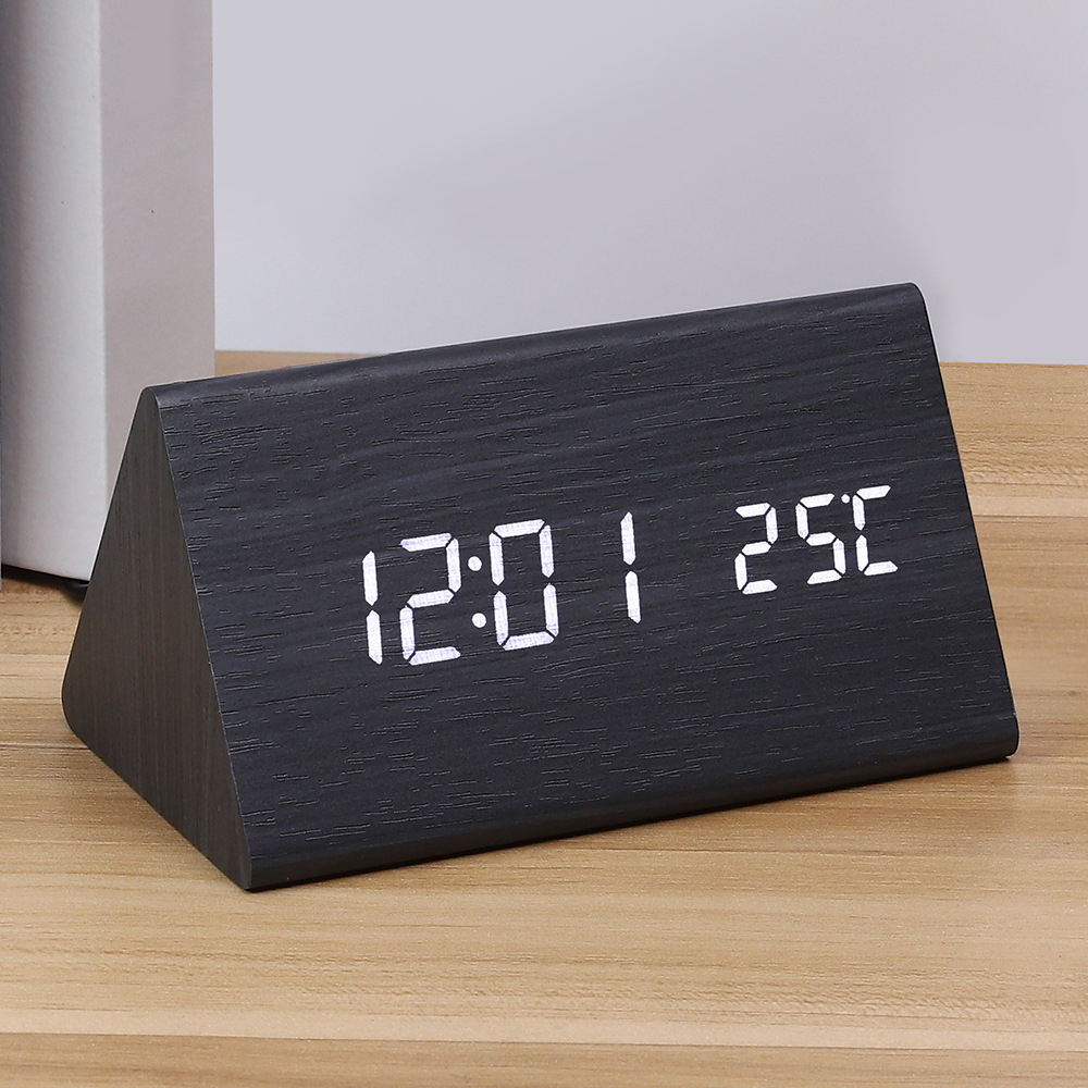 Nordic LED wooden clock, wood grain clock, silent night light living room bedroom bedside digital alarm clock